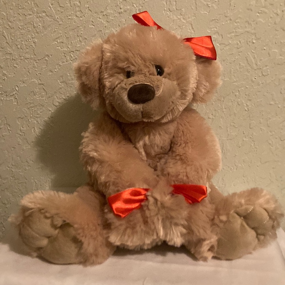 Alder Creek Soft Plush Bear Red Bow Ribbons Brown Eyes and Nose Stuffed Toy